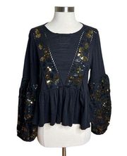 Anthropologie Top Womens Medium Black Gold Sequin Balloon Sleeves Peplum Hem