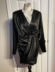 Embellished Beads Satin V-Neck Wrap Long Sleeve Ruched Party Cocktail Mini Dress XL Black