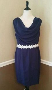 NEW Paper Dolls Modcloth Navy Blue Fitted Cowl Neck Appliqué Waist Dress 12