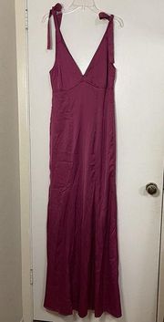 NEW MANIJU Magenta v neck plunge maxi gown dress tie shoulders size small