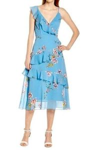 NEW Avec Les Filles Floral Cascading Ruffle Midi Dress in Cerulean Blue