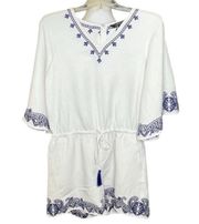 Lauren by  White Blue Embroidered Linen Blend Women's Romper Size 4