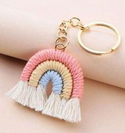 PINK Fringe Rainbow Handknit Keychain NEW