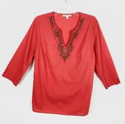 JM Collection Red Orange Beaded V Neck Blouse Top