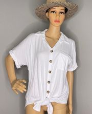 White Slouchy Button Down Tie Front Short Sleeve Blouse Size Large