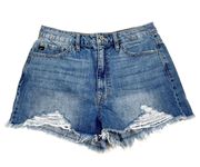 KanCan USA Kancan Ivanna Ultra High Rise Raw Distressed Hem Medium Wash Denim Jean Shorts L