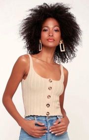 Revolve Line and Dot Beige Ribbed Cropped Tank Top with Button Detail, Size S