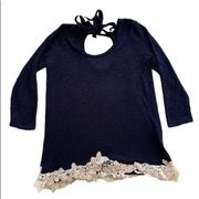 Charming Charlie Navy Knit Tie Back Keyhole Sweater