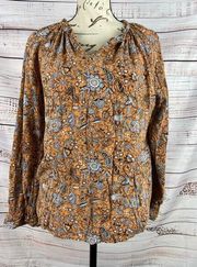 C&C California V Neck Peasant Blouse Womens M Long Sleeve Rayon Floral Pleated
