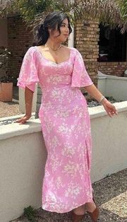 Pink Crepe Flutter Short Sleeve Midi Dress 