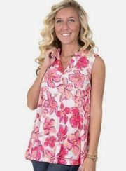 Simply Southern Sarasota Pink & White Hibiscis Sleeveless Blouse Size Small