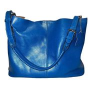 Co-Lab Shoulder Bag Large Bucket Blue Leather Handbag with Detachable Pocket