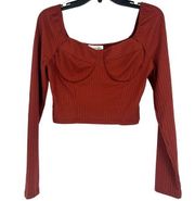 June & Hudson Rust Red Ribbed Crop Top Long Sleeve Square Neck Padded Size M