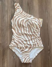 Michael Kors Brown Zebra Pint one Shoulder Ring Logo One piece Swimsuit Size 10