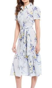 Alex Marie Tie Waist Floral Print Soft Crepe Flounce Hem Button Front Midi Dress