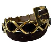 Suede and Gold Metallic X Crosses Womens Belt Brown Size L 38" Statement Buckle