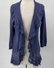 Nic + Zoe Crochet Ruffle Open Front Cardigan Linen Blend Blue Womens size Medium