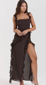 Ariela Ruffle Side Slit Gown in Coffee