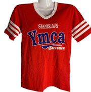 Vintage 80s YMCA Baseball T Shirt S Red V Neck Single Stitch Coach Pitch