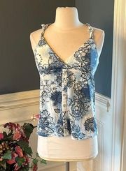 Self Esteem Tank Blue White Print Cami Floral Hippie Womens Medium