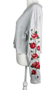 Honey Punch Rose Crop Embroidered Floral Cropped Sweatshirt Gray Red Raw Edge XS
