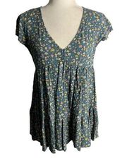 LA Hearts Babydoll V Neck Top S Blue Floral Short Sleeves Buttons Layered