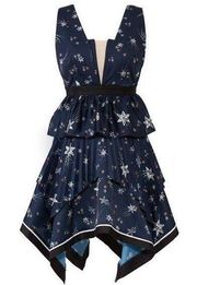 Self-Portrait Celestial Satin Navy Blue Handkerchief Mini Dress Sky Stars US 6