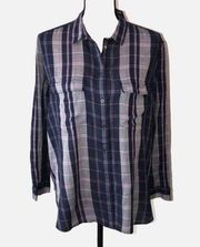 Lou & Grey Size M Button Down Tunic Length Top Purple Plaid Shirt Long Sleeve