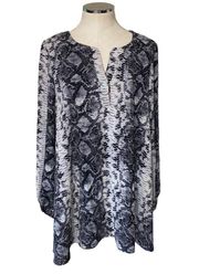 Aura Snake Print V Neck Tunic Top Blouse in Black/Gray Size Large