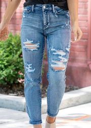 High Waist Distressed Boyfriend Fit Blue Stone Wash Jeans 1/25 NWT