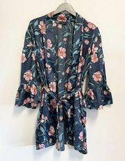 Topshop Blue Floral Belted Robe Kimono Size Medium 8-10 M