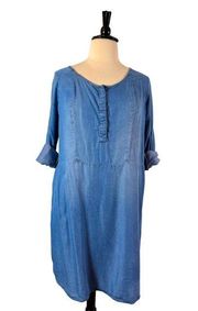 Shift Dress Chambray Soft Lyocell Long Sleeves Blue Women’s 1X Plus