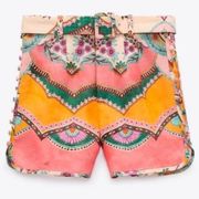 ZARA High Waist Belted Bohemian Printed Multicolor Linen Mini Shorts Sz L