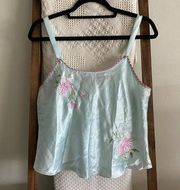 pink label floral embroidered baby blue statin tank top
