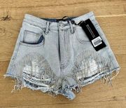 White Fox Boutique Angel Energy Denim Shorts with Diamanté Fringe