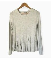 Kaari Blue Long Sleeve Ruffle Hem Womens Pullover Heather Gray Shirt Medium