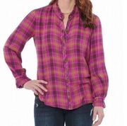 NEW NWT DEMOCRACY Long Sleeve Ruffle Neckband Plaid Button Down Shirt Purple S