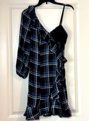 REVOLVE x LIKELY Suri Asymmetrical Shoulder Dress Blue Plaid Size 0