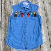 Vintage  size L lightweight button up denim embroidered birdhouse vest