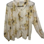 Misslook White and Yellow Floral Sheer Swiss Dot Long Sleeve Button Up Blouse