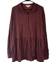 Frye Maroon Long Sleeve Collared Textured Peplum Button Down Blouse Women Sz XXL