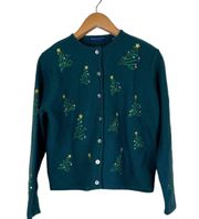 Vtg  Green Wool Christmas Cardigan Sweater Embroidery Petite Large