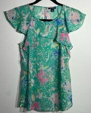 I HEART RONSON Green Sheer Floral Print Top Size XS