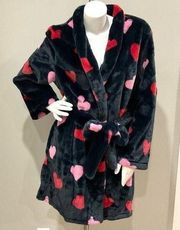 kate spade Short Plush Robe Hearts Black Pink Red Sz M NWT Comfy