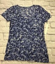 Caslon Womens Size Small Rounded V-Neck Printed Tee Blue Foliage Shortsleeve Tee