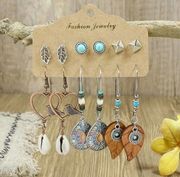 Boho Silver Wooden Colorful Vintage Style Drop Earrings Stud Earrings 6 Pairs