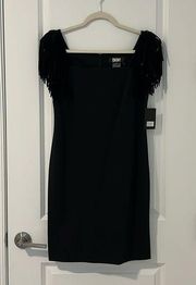 NWT DKNY Donna Karan Black Cocktail Sheath Dress Studded Fringe Shoulder Size 4