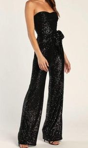 NWT Lulu’s Black Sequins Strapless Wide Legged Jumpsuit