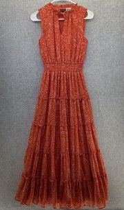 1 State Women's Maxi Dress Orange Tiered Sleeveless Size XS Keyhole Smocked