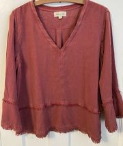 ANTHROPOLOGIE Cloth & Stone Longsleeve V-Neck Faded Fringe Shirt | Large Red